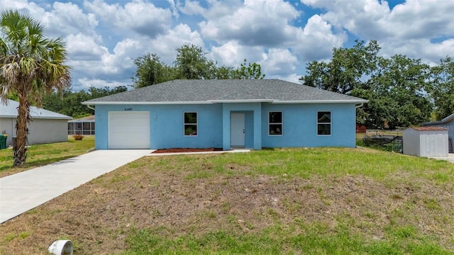21480 Eldred Ave, Port Charlotte, FL 33952 - ranch-style home with a garage, stucco siding, concrete driveway, a front lawn, and roof with shingles