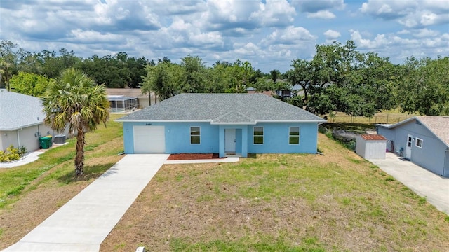 21480 Eldred Ave, Port Charlotte, FL 33952 - ranch-style home with a garage, driveway, a front yard, stucco siding, and roof with shingles
