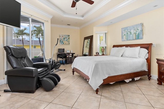 18652 Ohara Dr, Port Charlotte, FL 33948 - bedroom featuring a tray ceiling, ornamental molding, access to outside, ceiling fan, and light tile patterned floors
