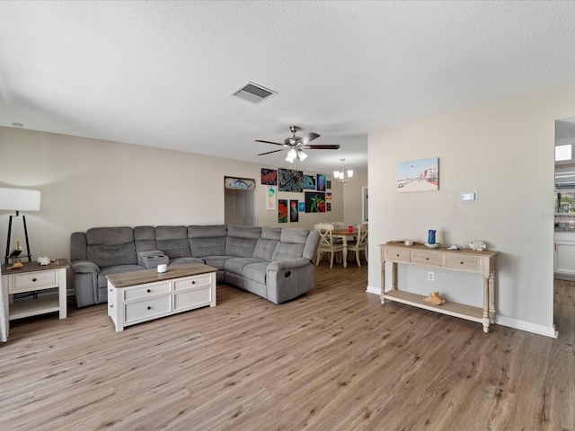 6531 Marius Rd, North Port, FL 34287 - living room featuring a textured ceiling, ceiling fan, visible vents, and light wood finished floors