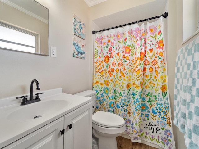 6531 Marius Rd, North Port, FL 34287 - bathroom with vanity, toilet, wood finished floors, a shower with curtain, and ornamental molding