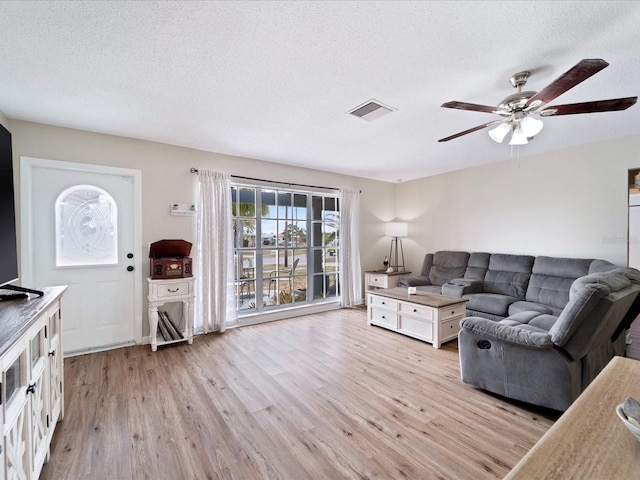 6531 Marius Rd, North Port, FL 34287 - living area featuring visible vents, a textured ceiling, light wood-style flooring, and ceiling fan