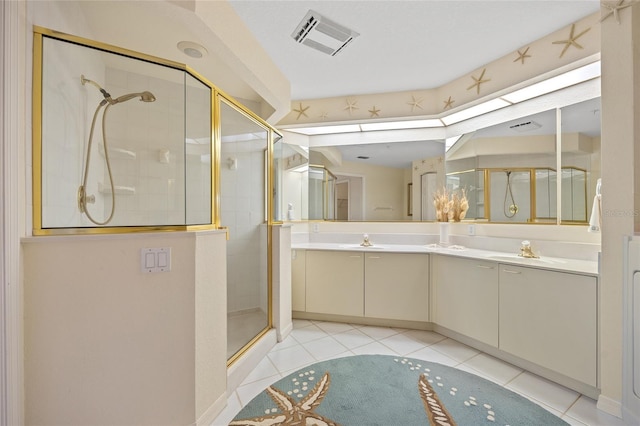bathroom with visible vents, a sink, a stall shower, and double vanity