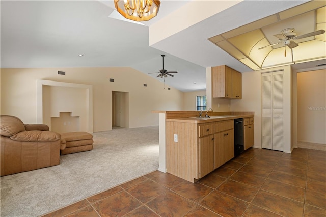 453 Carolyn Ln, Punta Gorda, FL 33950 - kitchen featuring a peninsula, dark carpet, open floor plan, ceiling fan with notable chandelier, and dishwasher