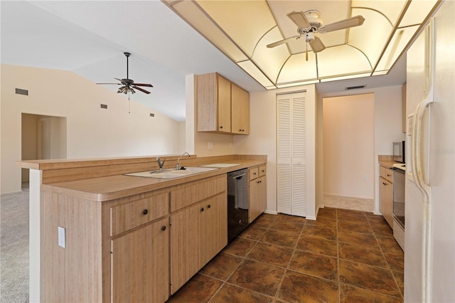 453 Carolyn Ln, Punta Gorda, FL 33950 - kitchen featuring light brown cabinetry, ceiling fan, a sink, lofted ceiling, and dishwashing machine