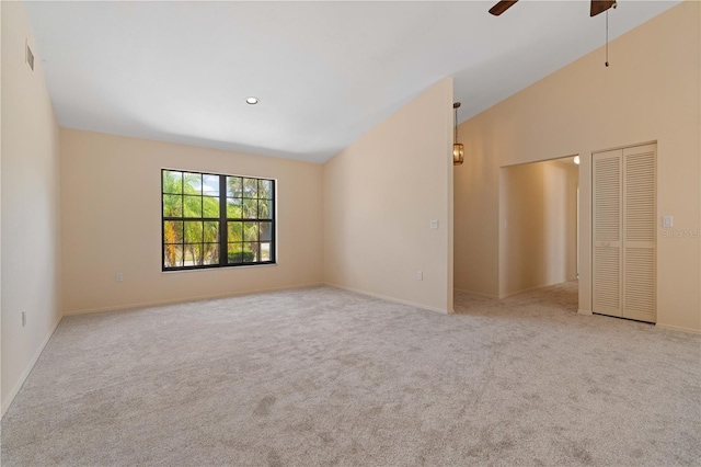 453 Carolyn Ln, Punta Gorda, FL 33950 - carpeted empty room with ceiling fan, recessed lighting, baseboards, lofted ceiling, and visible vents