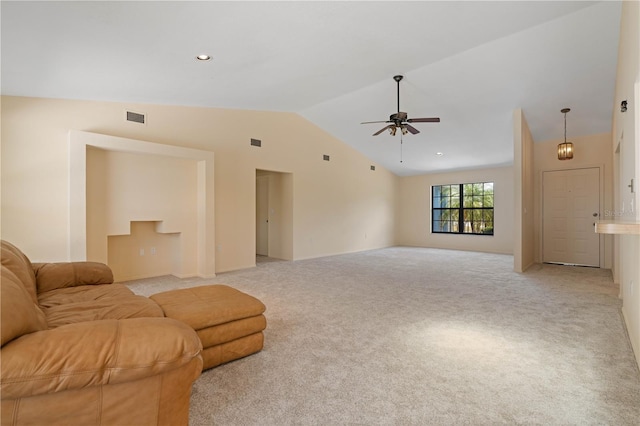 453 Carolyn Ln, Punta Gorda, FL 33950 - living room with visible vents, light carpet, a ceiling fan, and lofted ceiling