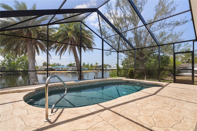 453 Carolyn Ln, Punta Gorda, FL 33950 - pool with glass enclosure, a water view, and a patio area
