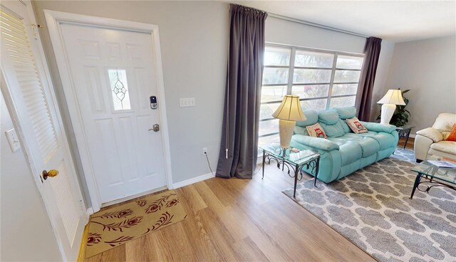 foyer with light wood-style flooring, baseboards, and a wealth of natural light