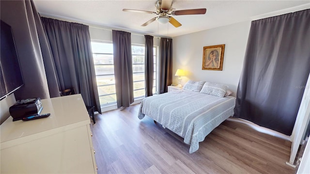 bedroom with a ceiling fan and wood finished floors