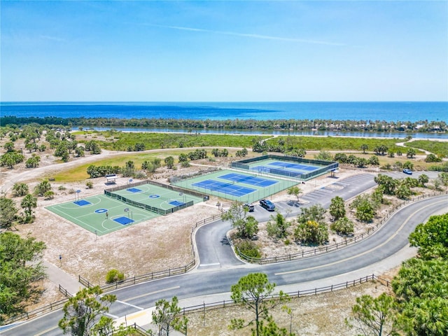 birds eye view of property featuring a water view