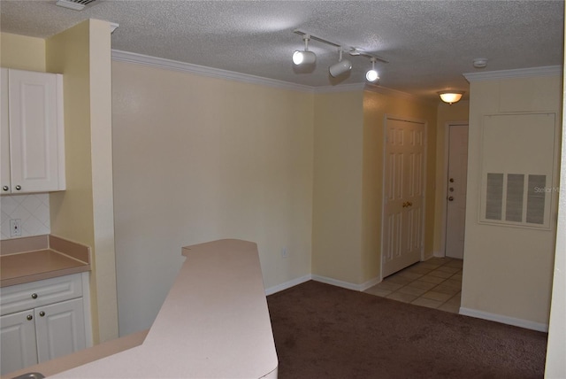 18001 Richmond Place Dr Unit 636, Tampa, FL 33647 - unfurnished dining area featuring track lighting, a textured ceiling, ornamental molding, and carpet flooring