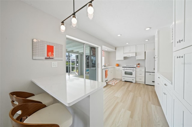 48 Hibiscus Dr, Punta Gorda, FL 33950 - kitchen with white appliances, light wood-style floors, under cabinet range hood, a peninsula, and a kitchen breakfast bar