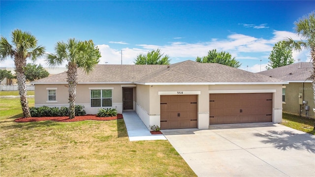 3514 Yacht Club Ct, Kissimmee, FL 34746 - ranch-style home with concrete driveway, a front lawn, an attached garage, and stucco siding