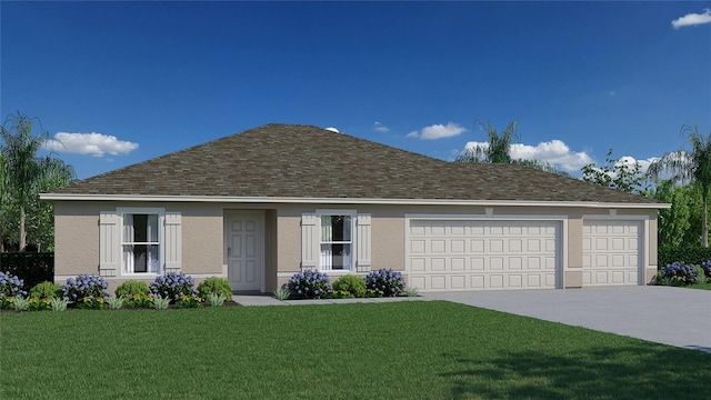 ranch-style house with stucco siding, a front lawn, driveway, and a garage