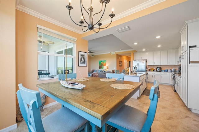dining space with visible vents, baseboards, light tile patterned flooring, ornamental molding, and ceiling fan with notable chandelier