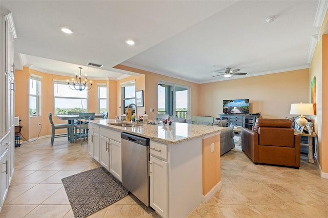 kitchen with white cabinetry, stainless steel dishwasher, crown molding, and a sink