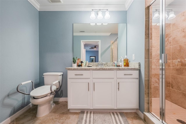 bathroom with toilet, a shower stall, and crown molding