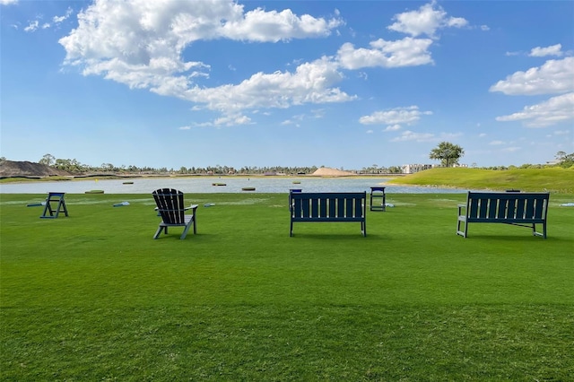 view of community with a water view and a lawn