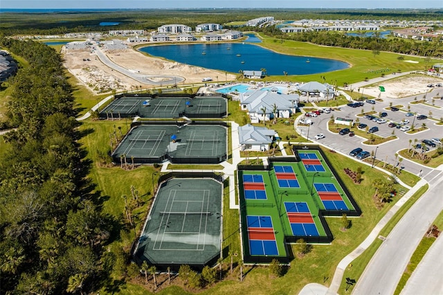 bird's eye view with a water view