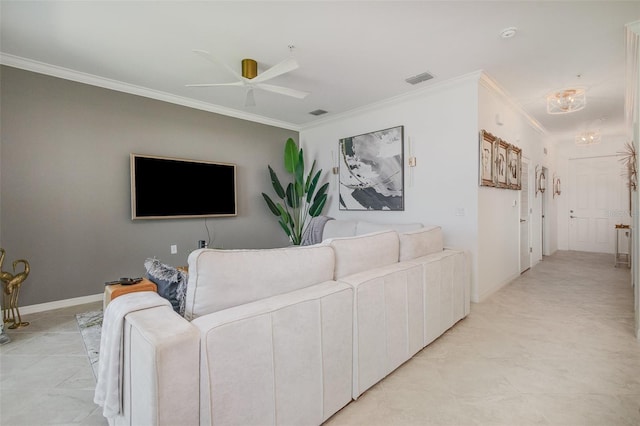 living area featuring a ceiling fan, visible vents, crown molding, baseboards, and light tile patterned flooring