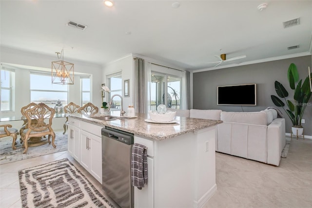 kitchen featuring a sink, crown molding, stainless steel dishwasher, and visible vents