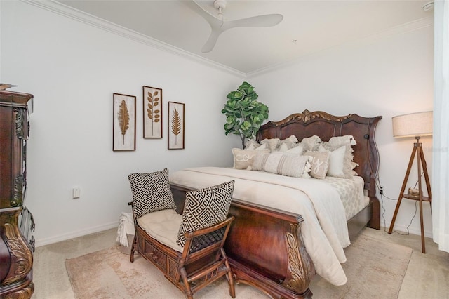 bedroom with crown molding, a ceiling fan, baseboards, and light colored carpet
