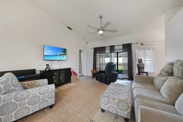 2751 S Cranberry Blvd, North Port, FL 34286 - living area with light tile patterned floors, a ceiling fan, and lofted ceiling