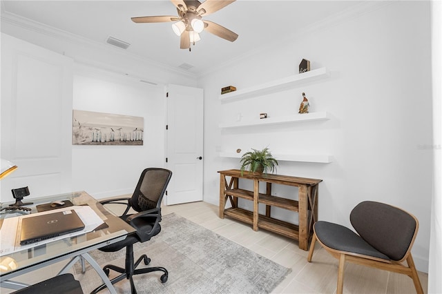 15830 Appalachian Dr, Punta Gorda, FL 33982 - office featuring ceiling fan, visible vents, ornamental molding, and baseboards