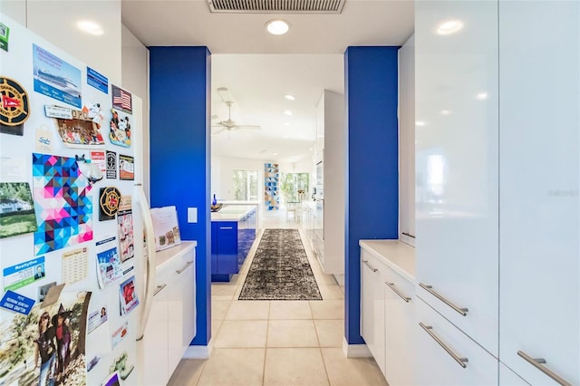 bathroom with recessed lighting, vanity, a ceiling fan, visible vents, and tile patterned flooring