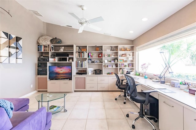 office with ceiling fan, visible vents, built in study area, recessed lighting, and vaulted ceiling