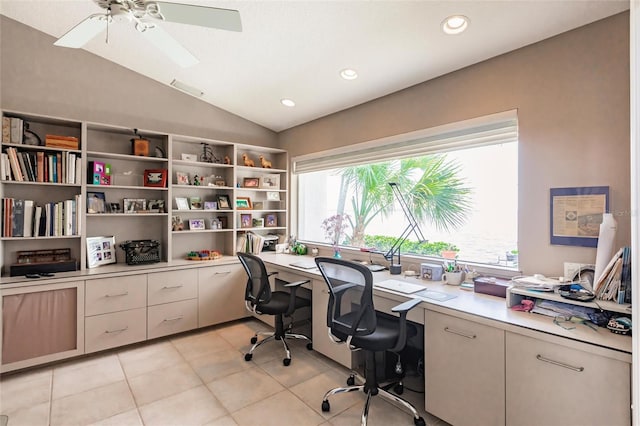 office area featuring recessed lighting, a ceiling fan, vaulted ceiling, and plenty of natural light