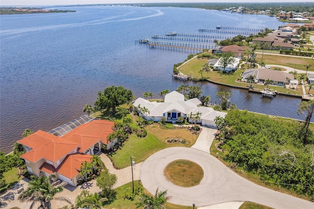 aerial view featuring a residential view and a water view