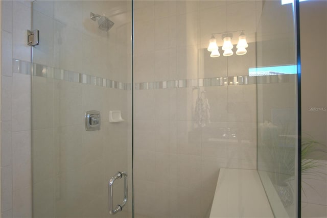 1745 Hyssop Loop, North Port, FL 34289 - bathroom featuring a stall shower and a chandelier