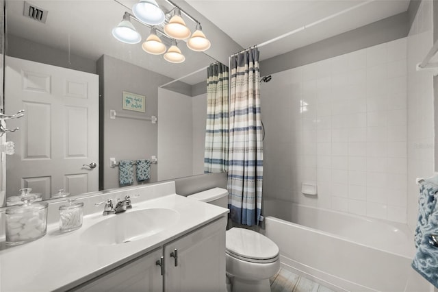 bathroom featuring visible vents, shower / bathtub combination with curtain, toilet, and vanity