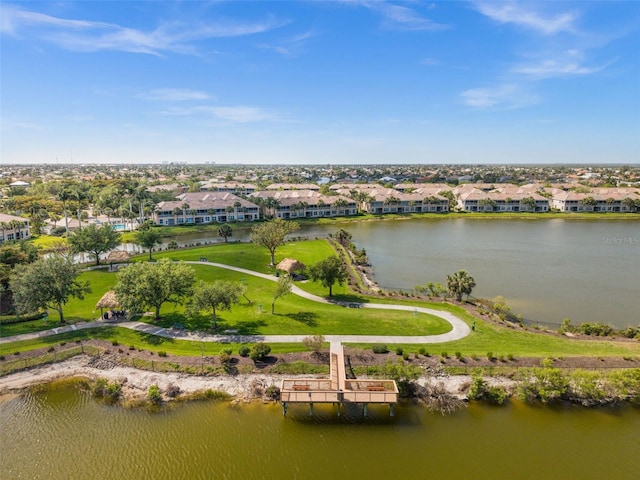 aerial view featuring a water view and a residential view