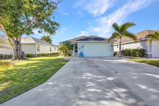 single story home featuring driveway, a front lawn, and a garage