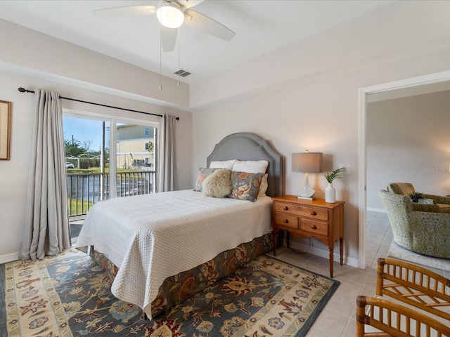 bedroom with light tile patterned floors, visible vents, baseboards, a ceiling fan, and access to outside
