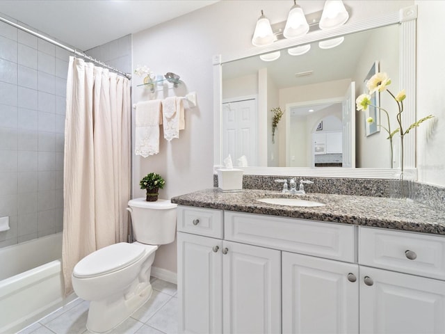 full bathroom with tile patterned flooring, toilet, vanity, baseboards, and shower / tub combo with curtain