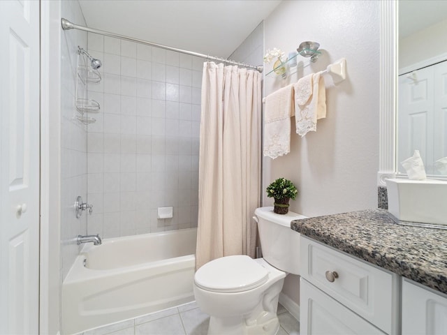 full bathroom with shower / tub combo, vanity, toilet, and tile patterned floors