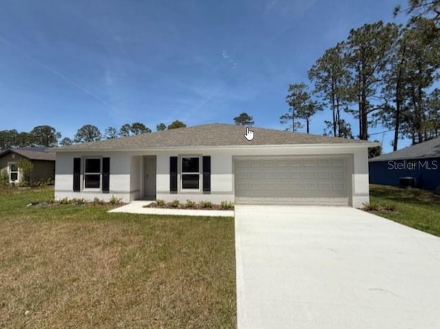 single story home with stucco siding, concrete driveway, a front yard, and a garage