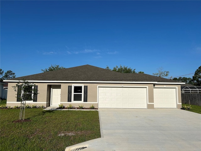 11 Zorro Ct, Palm Coast, FL 32164 - ranch-style home with a front lawn, stucco siding, a shingled roof, an attached garage, and driveway