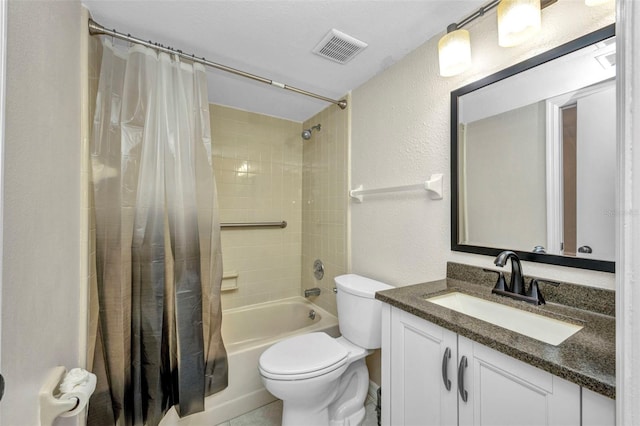 full bath with shower / bath combination with curtain, visible vents, vanity, toilet, and a textured wall