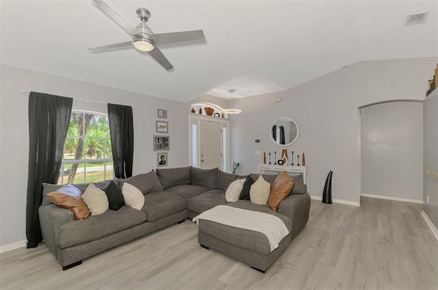 4129 Palisades Ave, North Port, FL 34287 - living room featuring a ceiling fan, baseboards, visible vents, and light wood-style floors