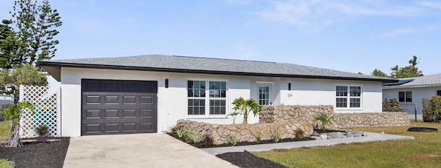 124 Rotonda Cir, Rotonda West, FL 33947 - ranch-style house with stucco siding, driveway, a shingled roof, and an attached garage