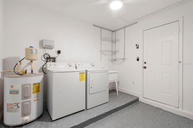 124 Rotonda Cir, Rotonda West, FL 33947 - laundry area with water heater, attic access, washer and dryer, a ceiling fan, and laundry area