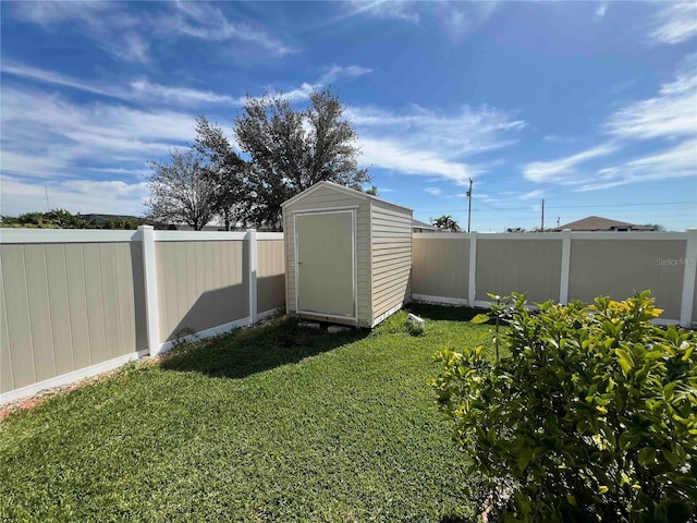 view of shed with a fenced backyard