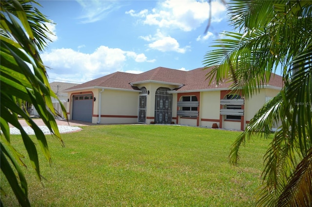 1118 NW 17th St, Cape Coral, FL 33993 - mediterranean / spanish-style house featuring stucco siding, a shingled roof, a front lawn, and a garage