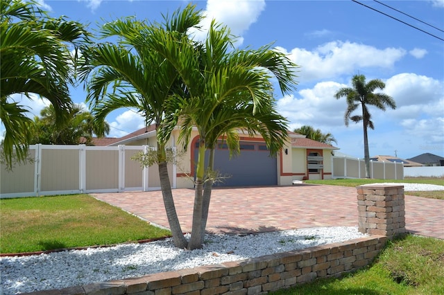 1118 NW 17th St, Cape Coral, FL 33993 - view of front of home featuring fence, an attached garage, stucco siding, and decorative driveway