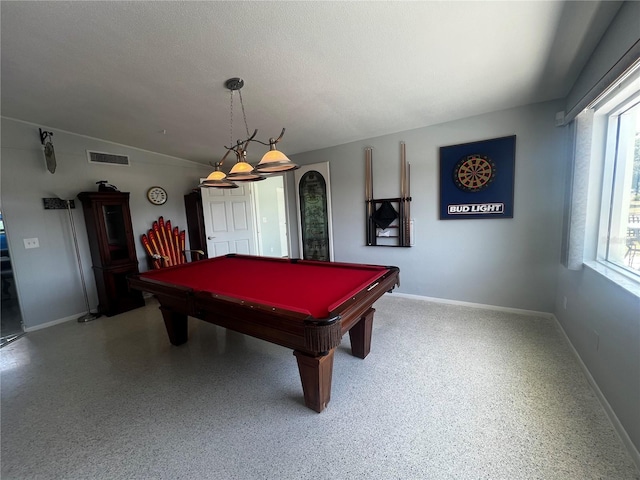 game room featuring visible vents, baseboards, and pool table